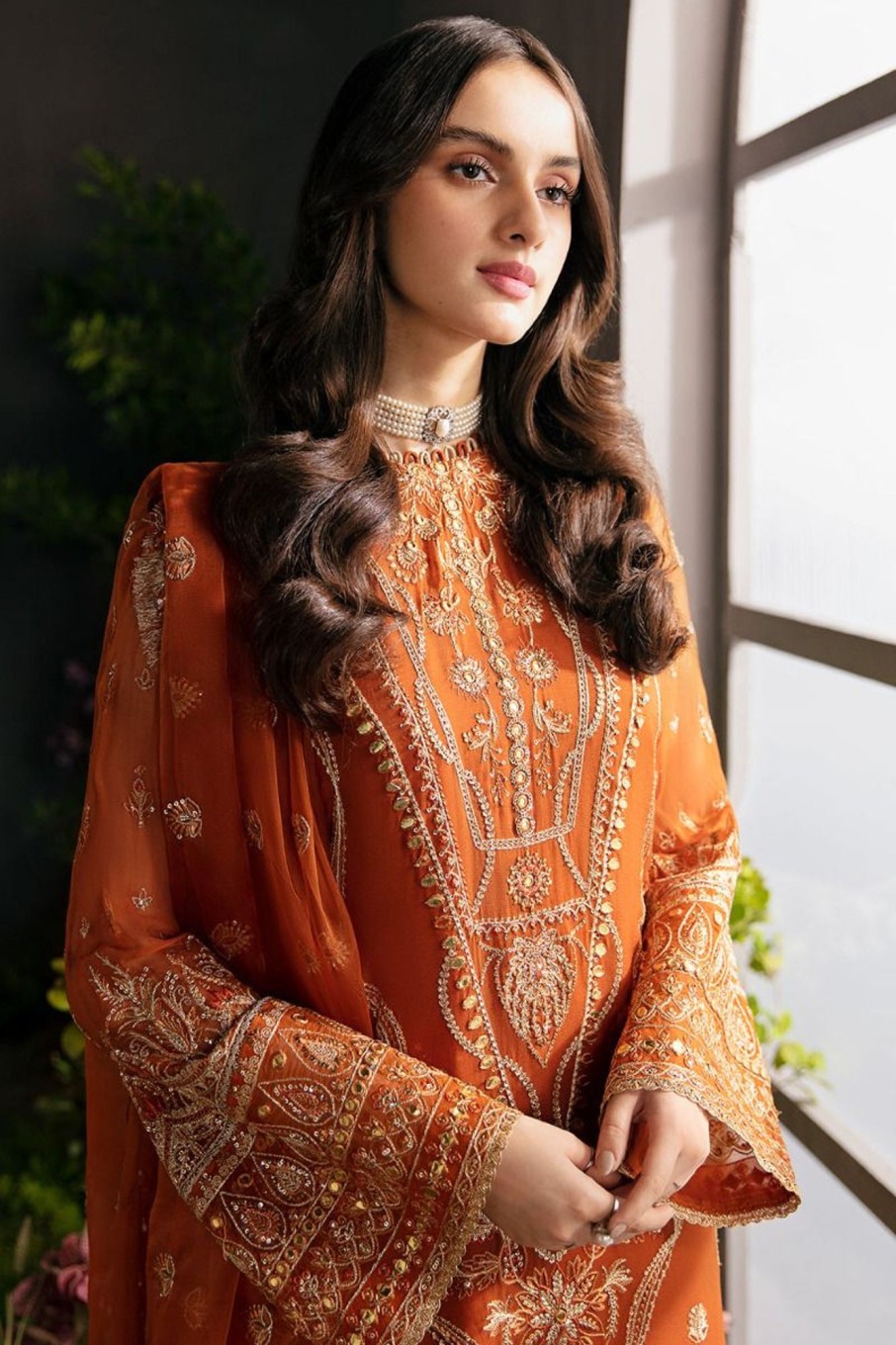 Salwar Kameez Afrozeh | Russet Embroidered Pakistani Palazzo Suit