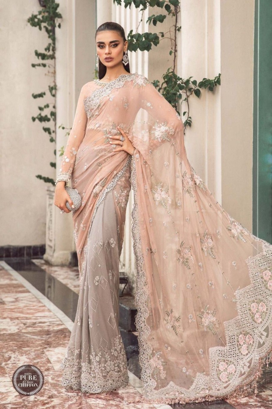 Sarees Maria.B | Peach And Grey Embroidered Pakistani Saree