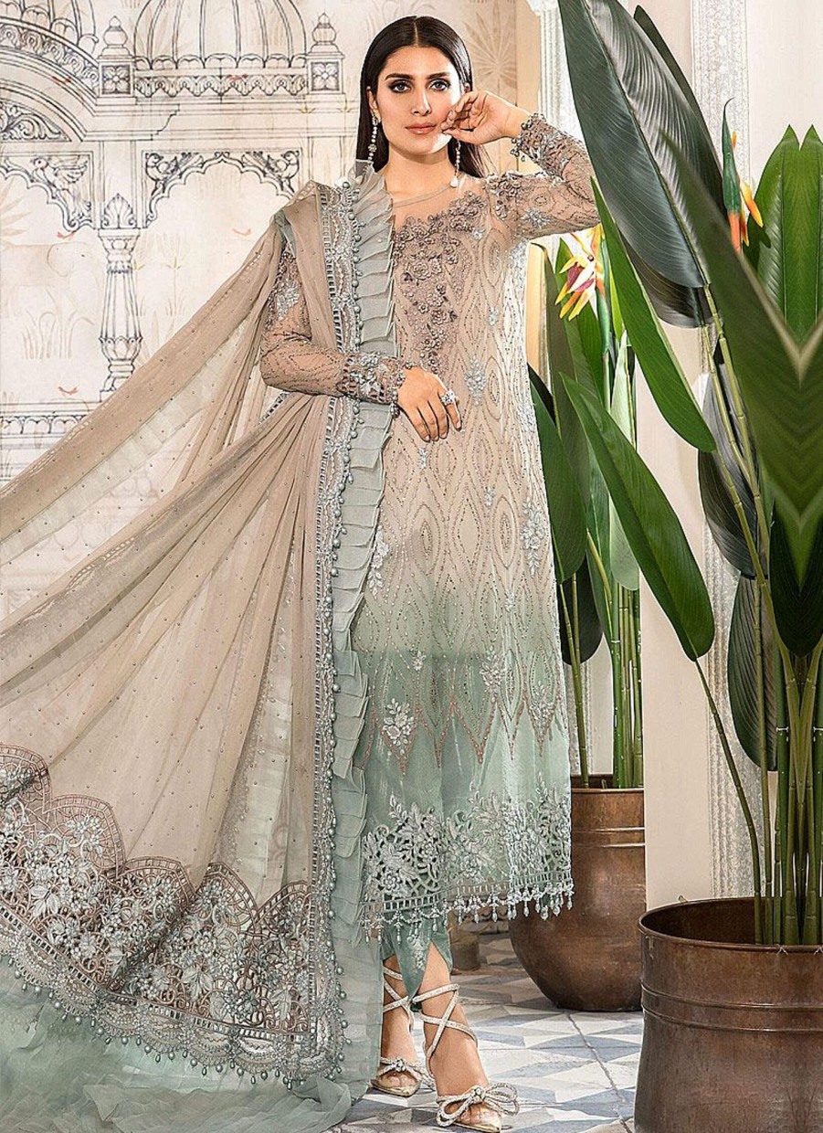 Salwar Kameez Maria.B | Coffee And Smoked Blue Embroidered Pakistani Salwar Kameez